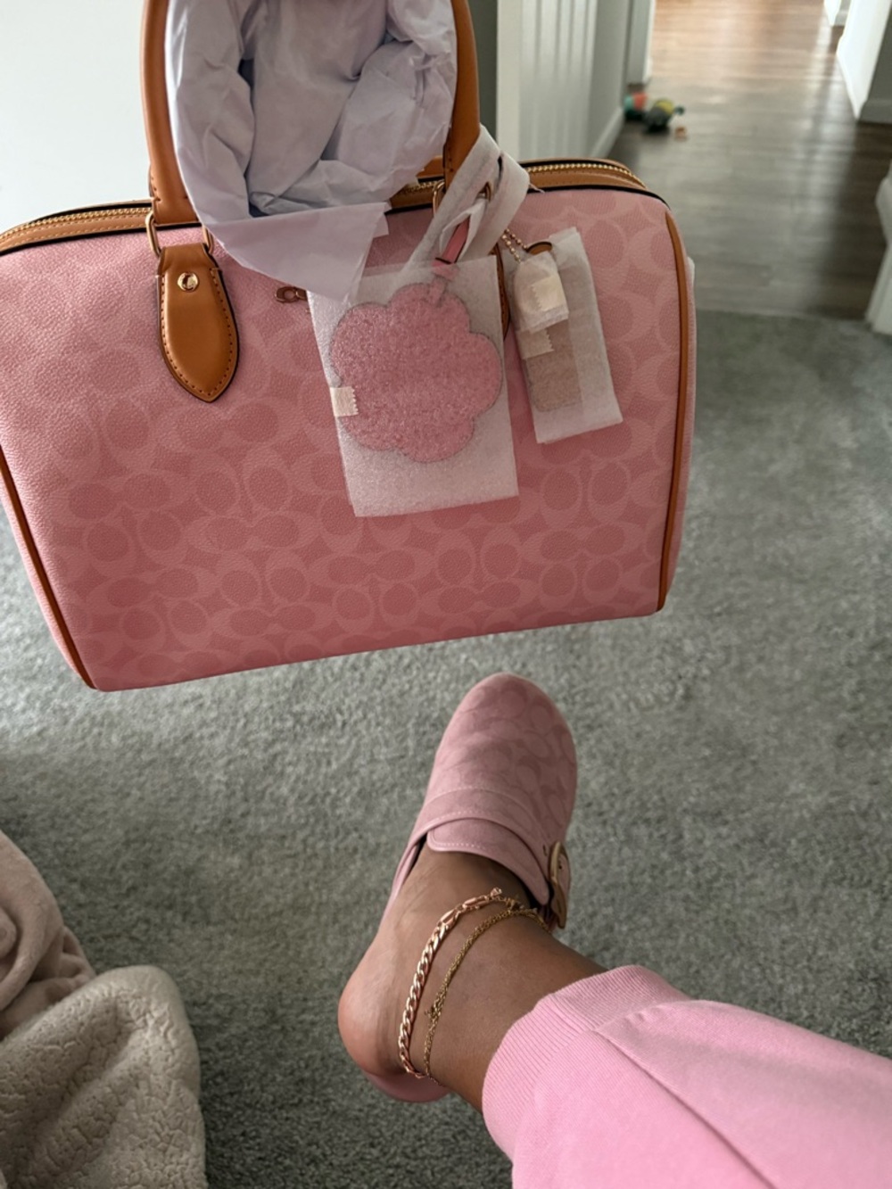 Coach Powder Pink Rowan Large w Signature Satchel with Tan Trim